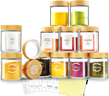 AISIPRIN Spice Jars with Label,12 Pcs 8oz Glass Jars with Bamboo Lids,Spice Organizer for
