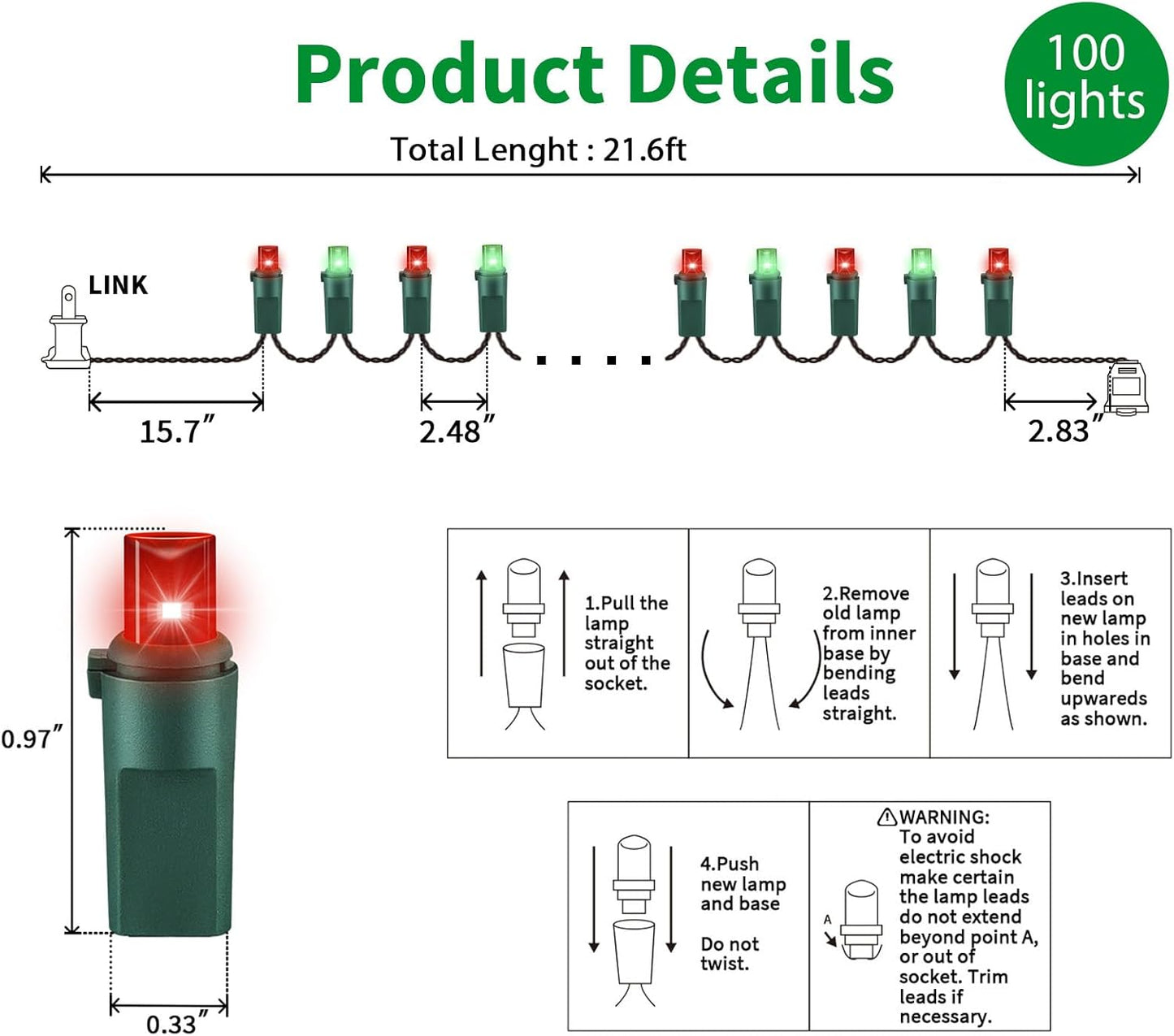 100 Count Red and Green - String Lights - 21.6FT LED Christmas Lights, Mini led Lights for Indoor