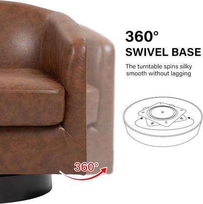 Swivel Barrel Accent Chair, Modern Round Faux Leather Arm Chair for Living Room, Bedroom, Comfy