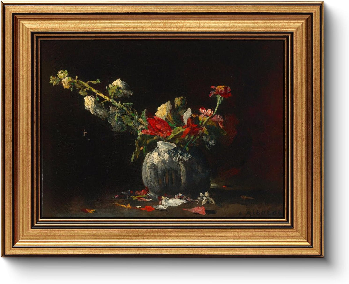 HUARCEY Gold Framed Vintage Wall Art for Living Room, Flowers Painting Prints Shelf Decor for