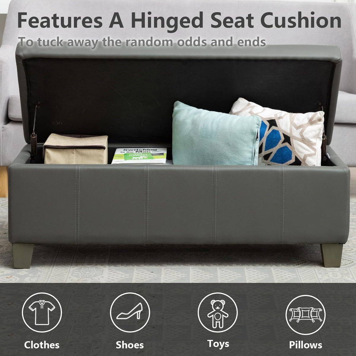 Grey Faux Leather Ottoman with Storage, Rectangular Extra Long Storage Bench for Bedroom and Living
