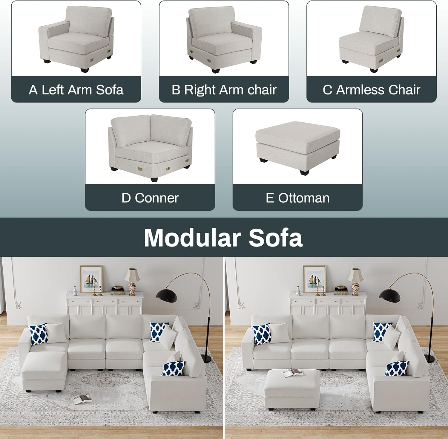 L Lengend Vansen Modular Sectional Sofa U Shaped Couch with Ottoman Modern Reversible Corner