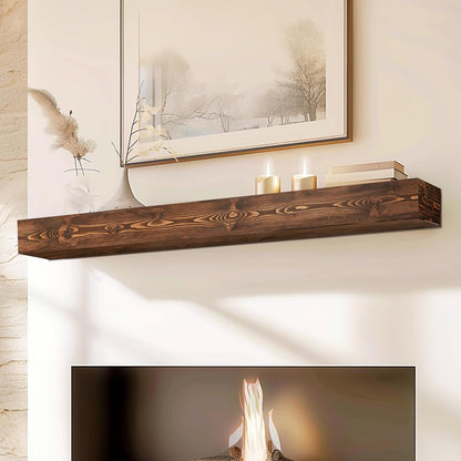 60x8x5 Fireplace Mantel - Handcrafted Hollow Rustic Solid Wood Wall Mounted Floating Shelf with