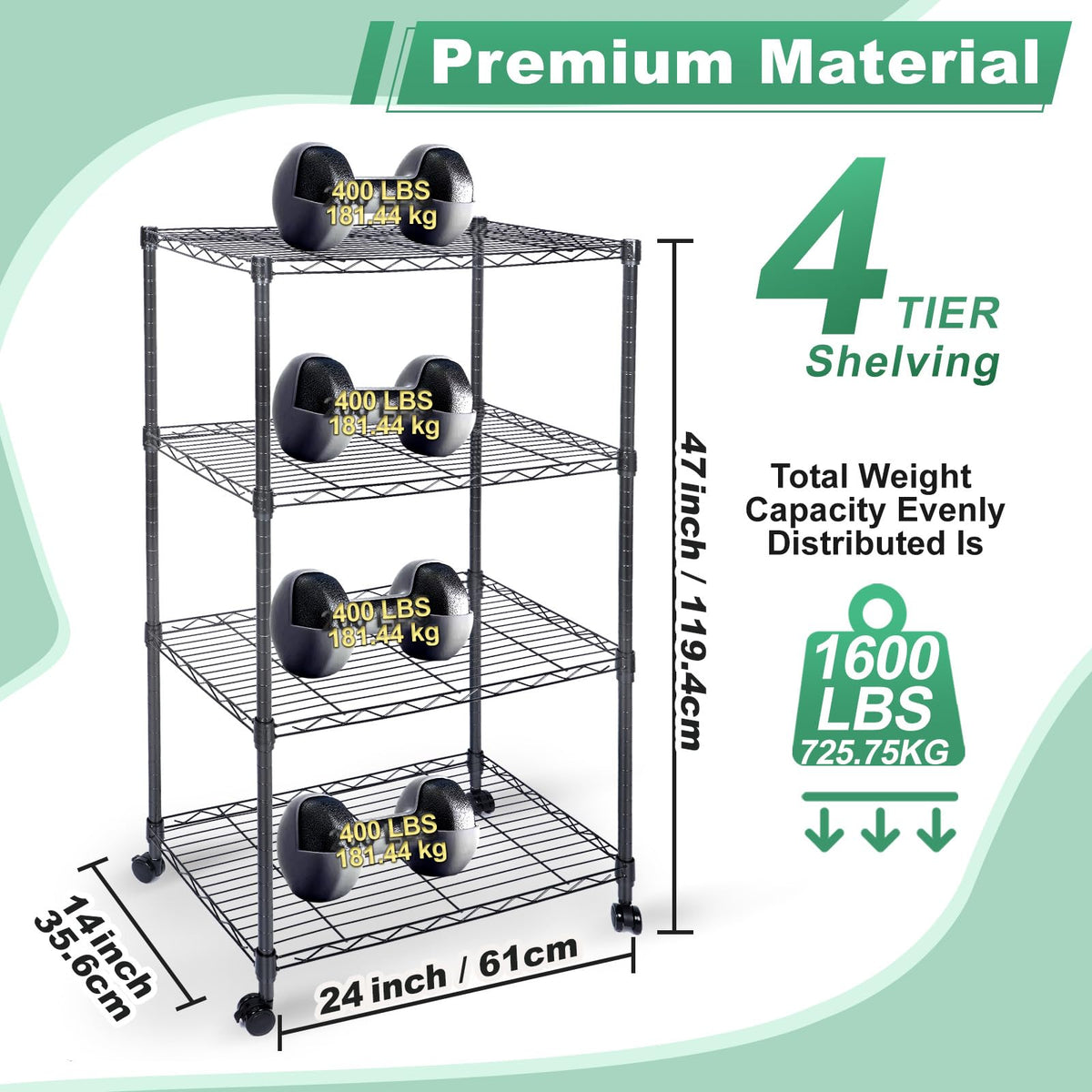 Whitmor 4 Tier Shelving Unit, Adjustable Storage Shelves with Wheels, Wire Shelving, 400 lbs