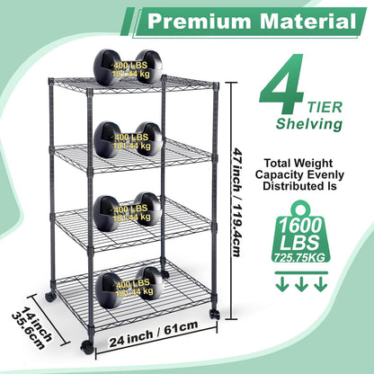 Whitmor 4 Tier Shelving Unit, Adjustable Storage Shelves with Wheels, Wire Shelving, 400 lbs