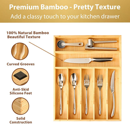 Umilife Bamboo Kitchen Drawer Organizer, 13 Inch Silverware Utensil Tray Holder, Extra Deep Grooved