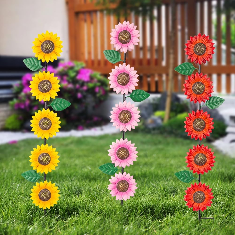 3 Pack Sunflowers Garden Stakes Decor,Metal Yard Art Decorative Garden Stakes,Metal Flowers Spring