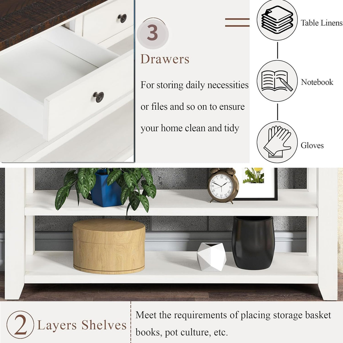 Solid Wood Console Table,Sofa Table with Storage Drawers and Bottom Shelf,Entryway Table for Entry
