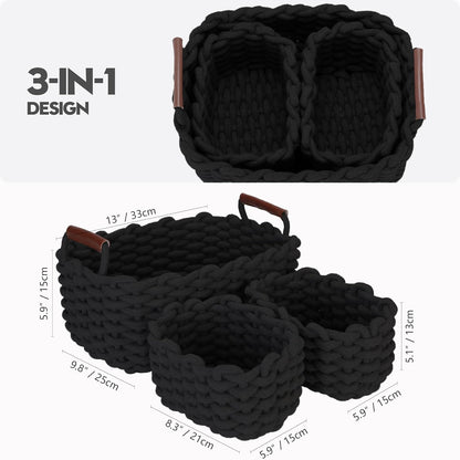 Sea Team 3-Pack Rectangle Woven Cotton Rope Storage Baskets with Handles, Shelf Basket, Closet
