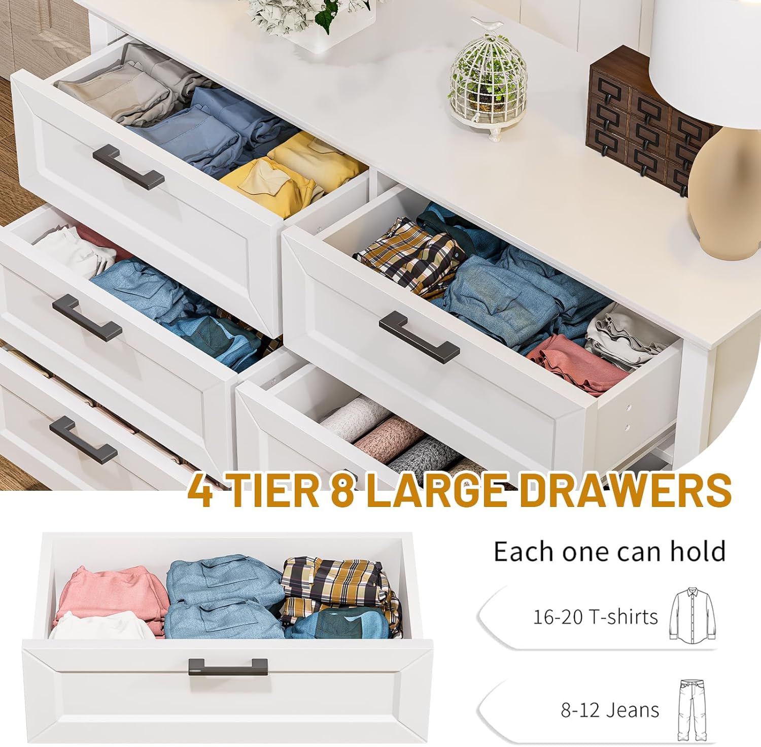 Odeekea White Dresser for Bedroom, Wood Dresser with 8 Drawers, Chest of Drawer for Bedroom Living