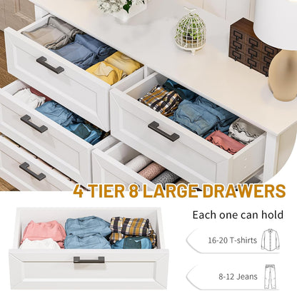Odeekea White Dresser for Bedroom, Wood Dresser with 8 Drawers, Chest of Drawer for Bedroom Living
