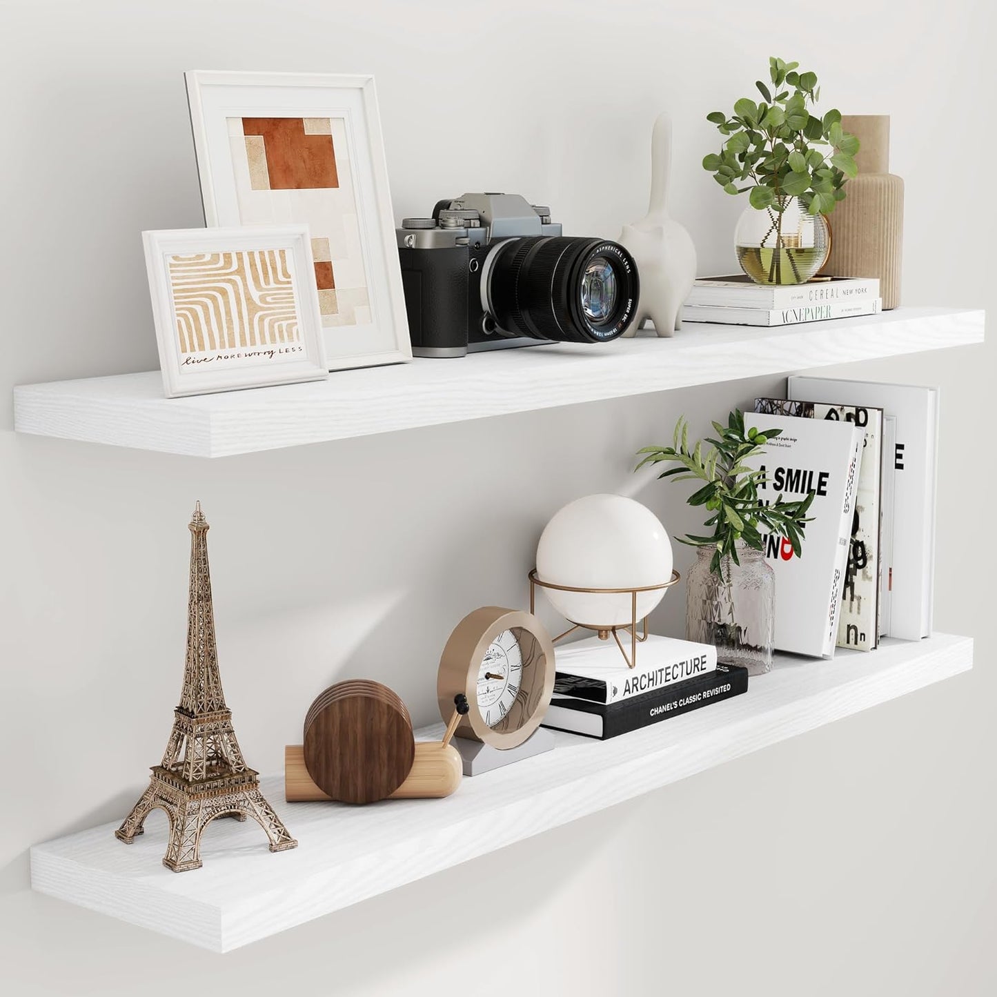 Fun Memories Floating Shelves 55 Inch Set of 2, White 55 x 9 Wall Shelves for Home Decor Storage