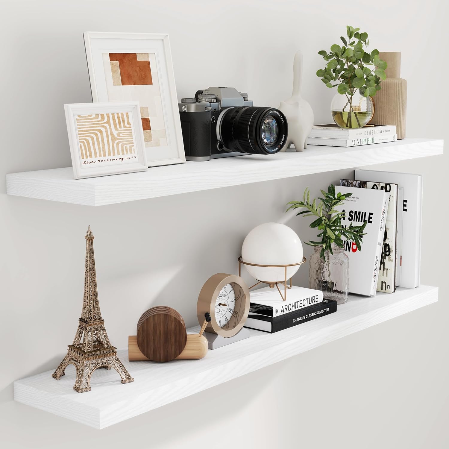 Fun Memories Floating Shelves 55 Inch Set of 2, White 55 x 9 Wall Shelves for Home Decor Storage