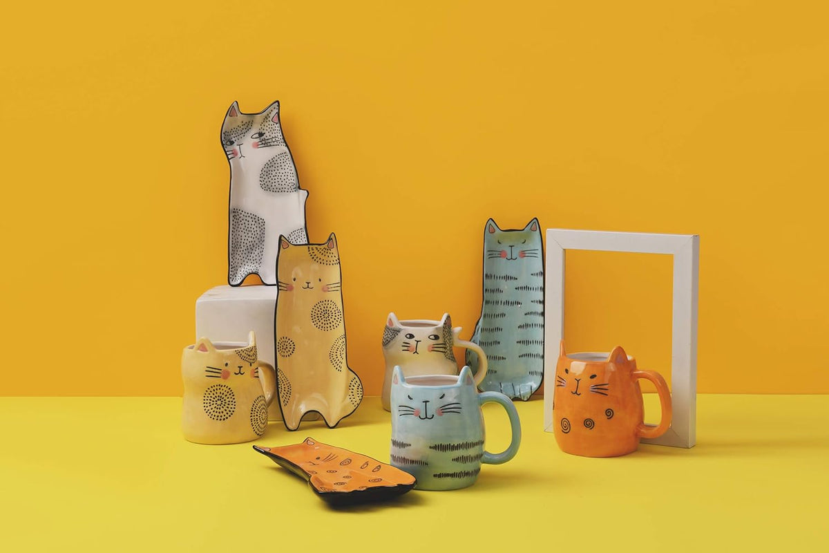 Bico Cartoon Cat Coffee Mugs Set of 4, Cute Ceramic Mugs with Unique Cats Faces, Stoneware Coffee