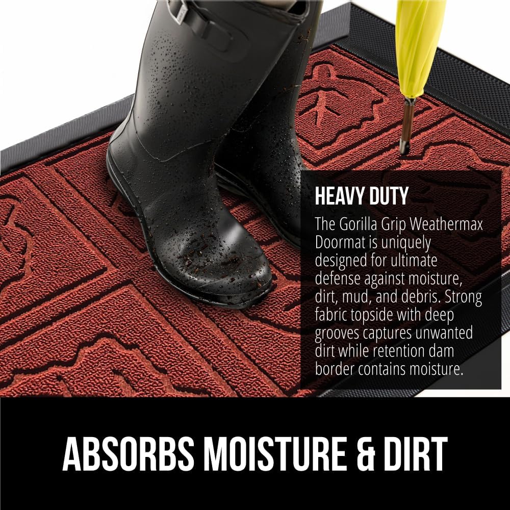 GORILLA GRIP 100% Waterproof All-Season WeatherMax Doormat 35x23, US Designed Natural Rubber, Stain