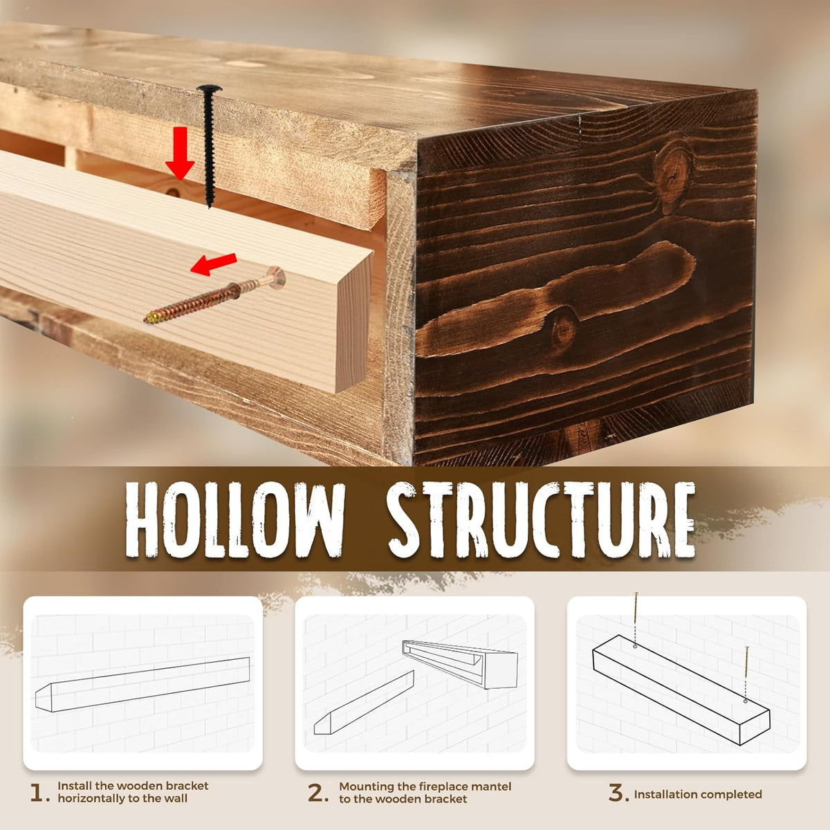 60x8x5 Fireplace Mantel - Handcrafted Hollow Rustic Solid Wood Wall Mounted Floating Shelf with