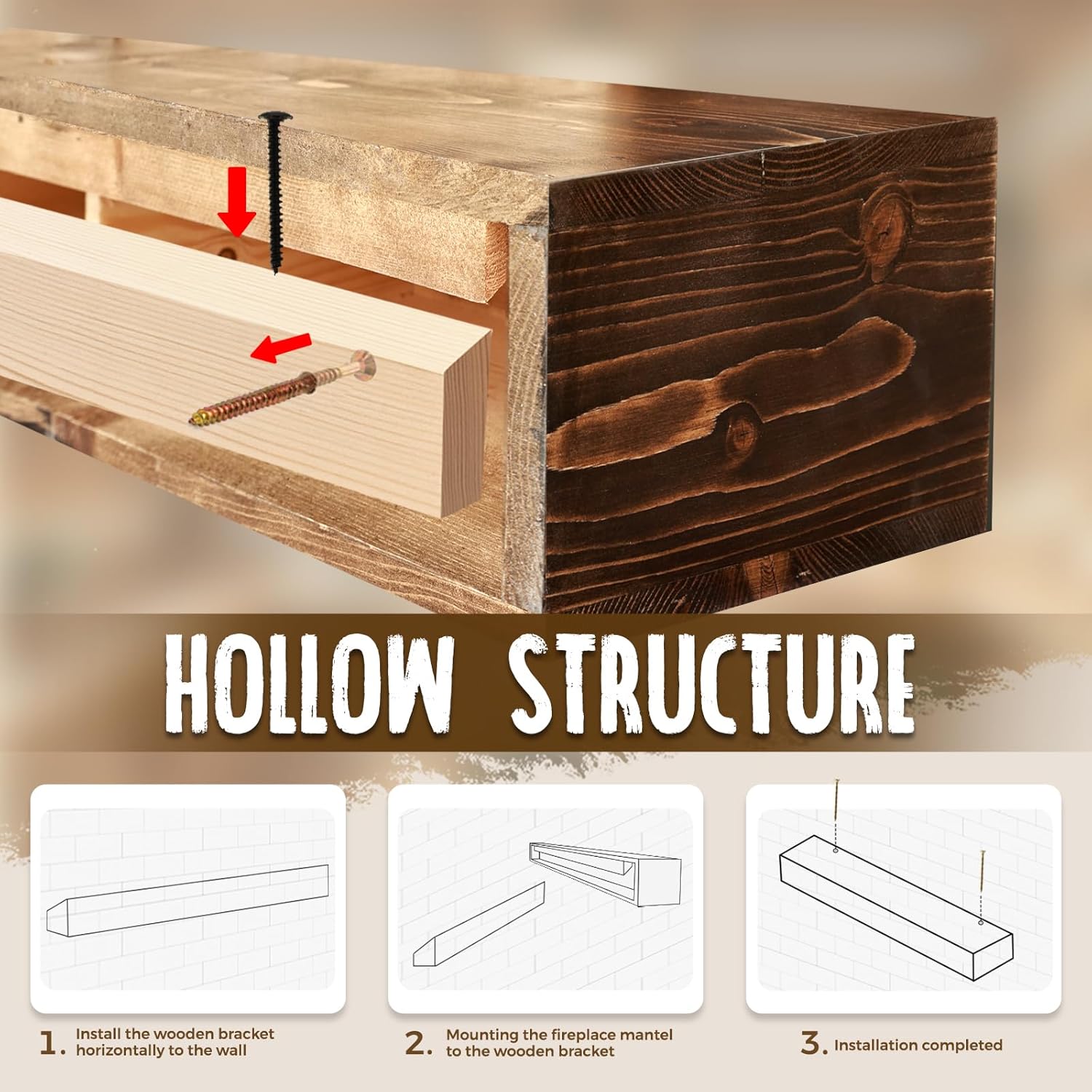 60x8x5 Fireplace Mantel - Handcrafted Hollow Rustic Solid Wood Wall Mounted Floating Shelf with