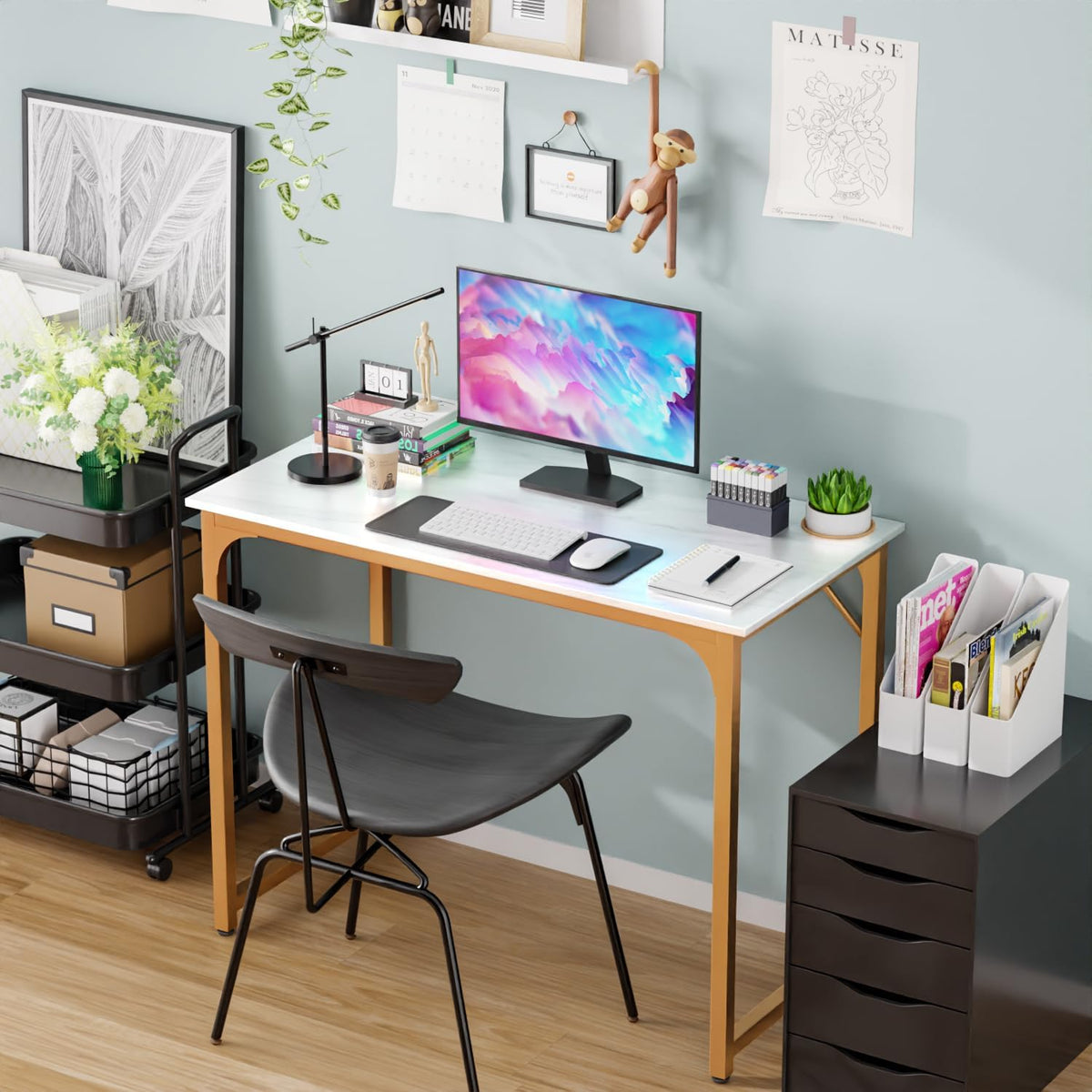 PayLessHere | 39 Inch Computer Desk | White Gold | Office Desk with Metal Frame, Adjustable Feet |