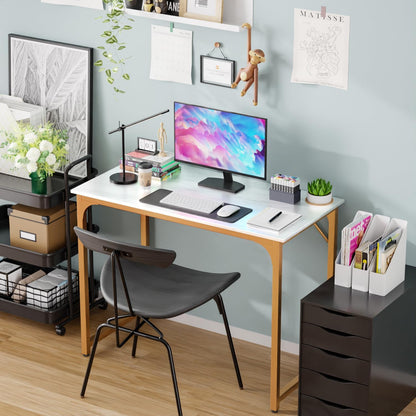 PayLessHere | 39 Inch Computer Desk | White Gold | Office Desk with Metal Frame, Adjustable Feet |