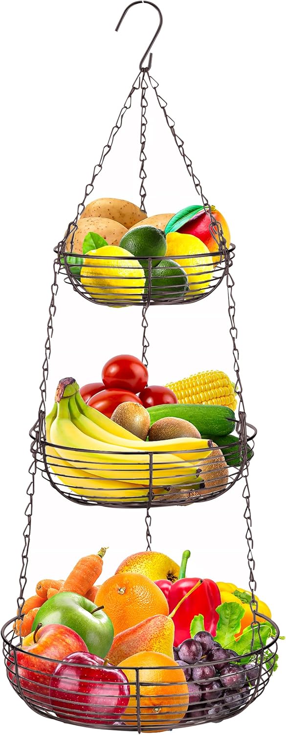 Home Intuition 3-Tier Hanging Fruit Produce Basket Heavy Duty Wire with 2 Metal Ceiling Hooks