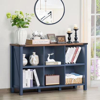 6 Cube Bookcase, Farmhouse Wood Low Storage Organizer Book Shelf, 47" Horizontal Navy Blue Console