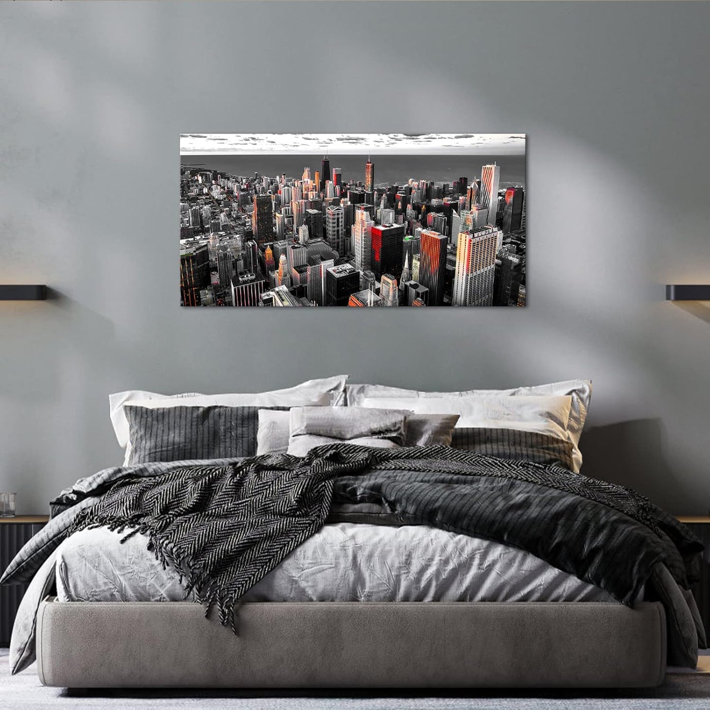 Nachic Wall Black and White Chicago Canvas Print Art Modern Chicago Downtown at Sunset Pictures