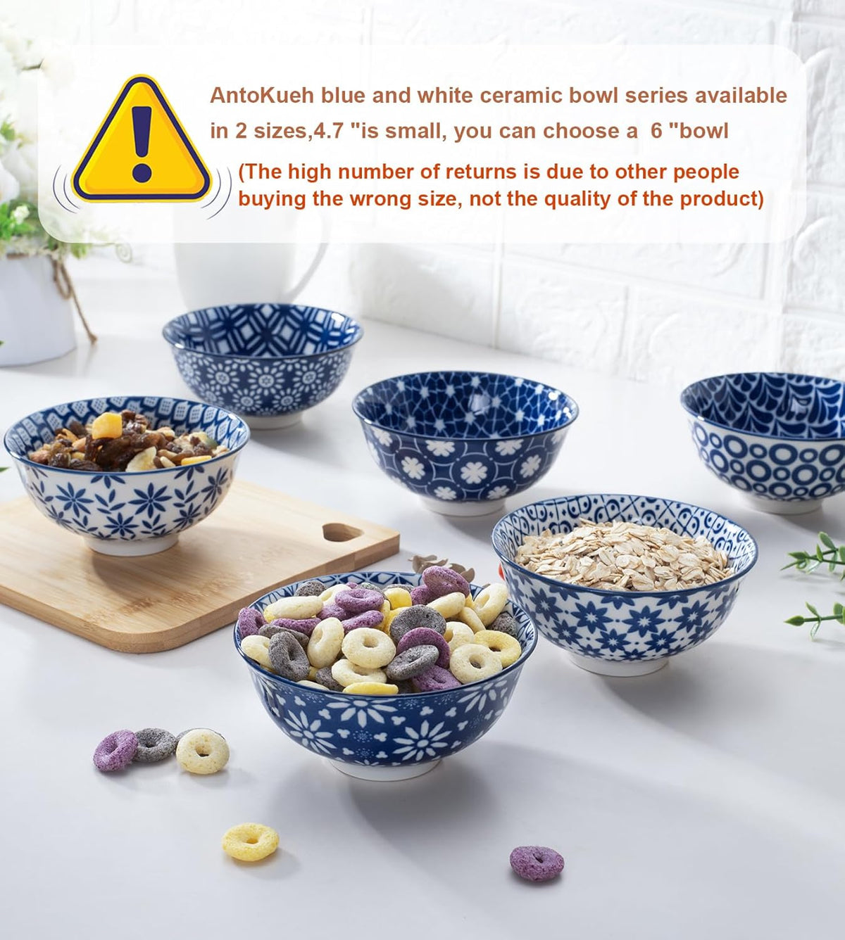 Blue and White Ceramic Bowls Set of 6, 4.7in Small Dessert bowl 10 oz for ice cream, Snack