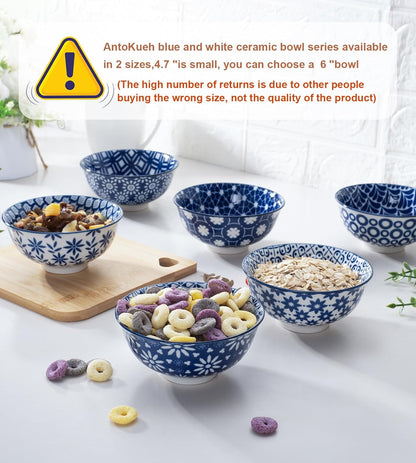 Blue and White Ceramic Bowls Set of 6, 4.7in Small Dessert bowl 10 oz for ice cream, Snack