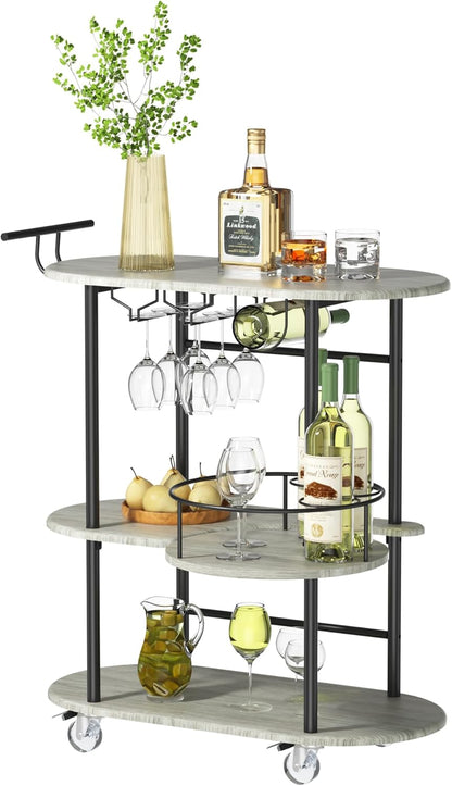 Light Gray Bar Carts with 4-Tier Storage Shelves, Mobile Bar Serving Cart with Wine Rack and Glass
