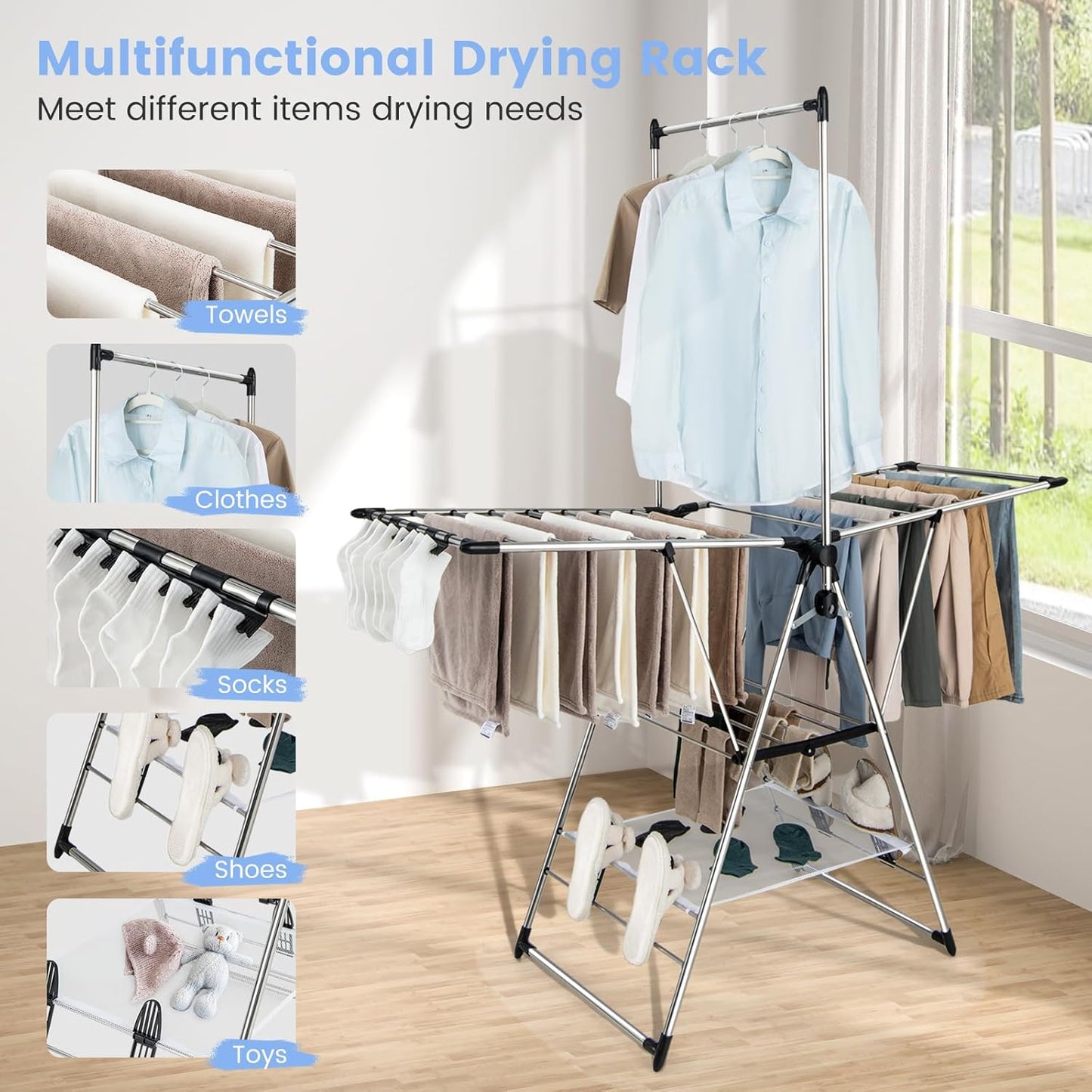 Giantex Clothes Drying Rack, Foldable Laundry Drying Rack with with 6-Level Adjustable Height, High
