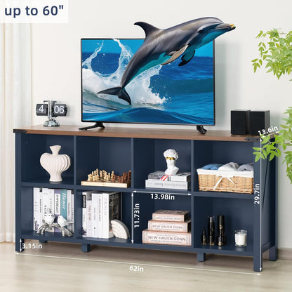 8 Cube Book Shelf, Farmhouse Wood Long Storage Organizer Bookcase, 62" Horizontal Navy Blue Console
