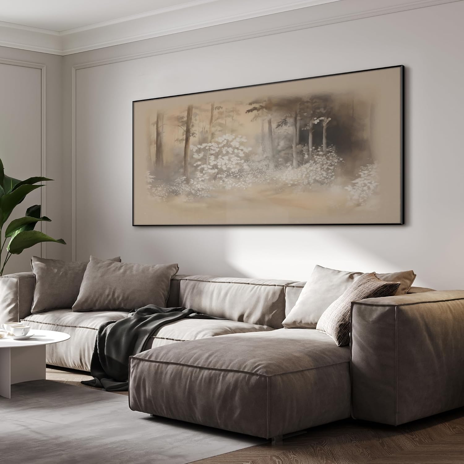 SIGNWIN 24"x46" Extra Large Framed Wall Art Misty Forest in Sepia Tones, Watercolor Woodland