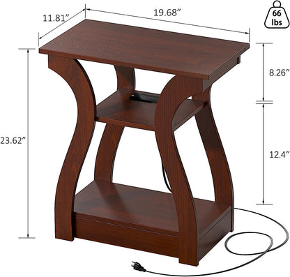 End Tables Living Room, Cherry End Table with Charging Station, Nightstand for Bedroom, 3 Tier End