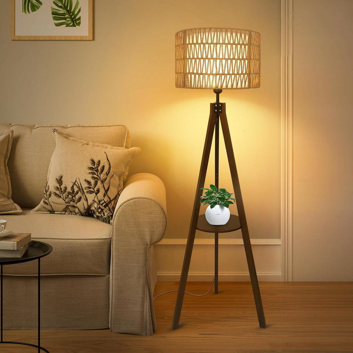 Boho Tripod Floor Lamp with Shelves, Mid Century Wood Standing Lamp with Rattan & Fabric Shades