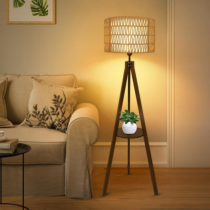 Boho Tripod Floor Lamp with Shelves, Mid Century Wood Standing Lamp with Rattan & Fabric Shades