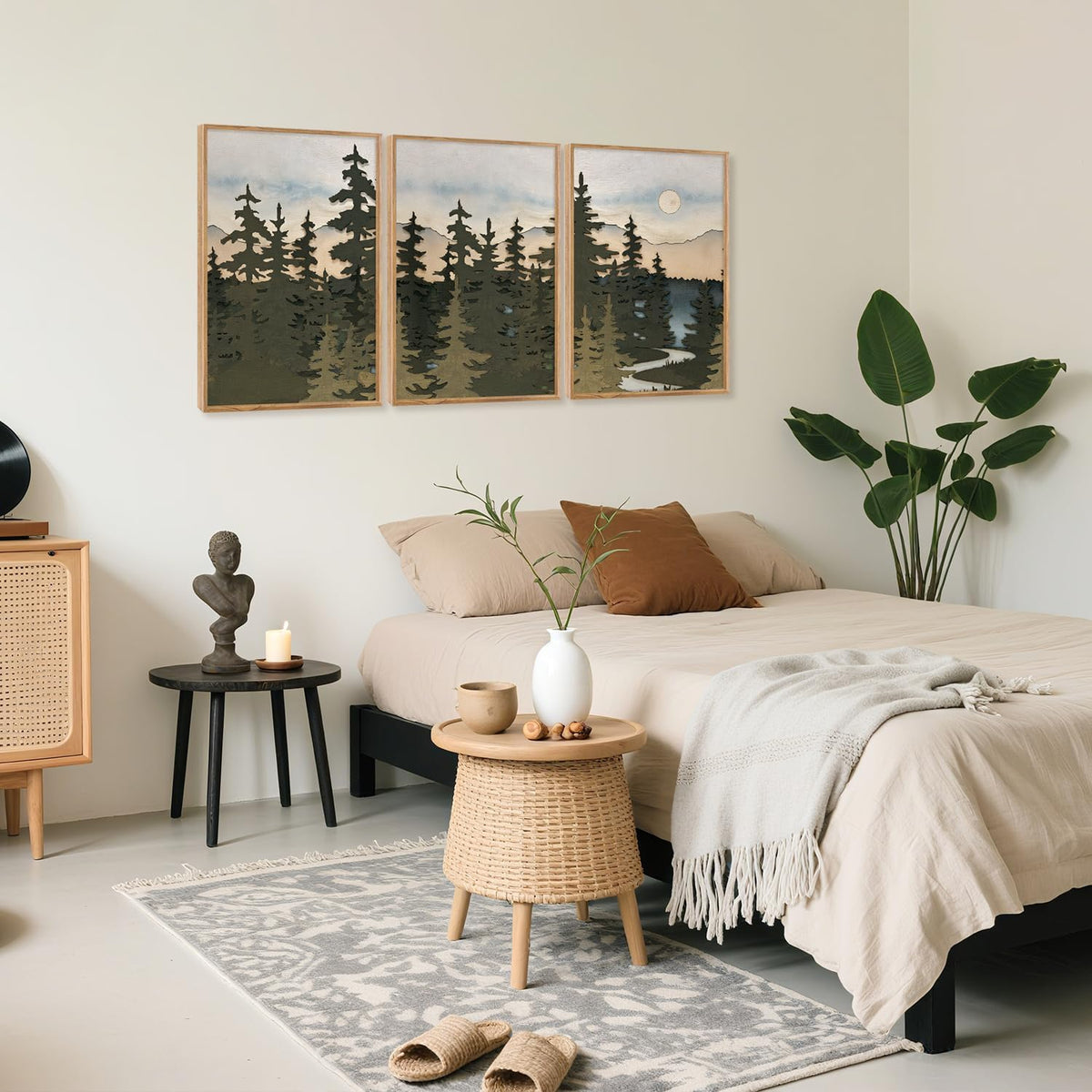 HPNIUB Vintage Mountain Framed Canvas Wall Art Set, Boho Sunrise Art Prints, Forest Nature