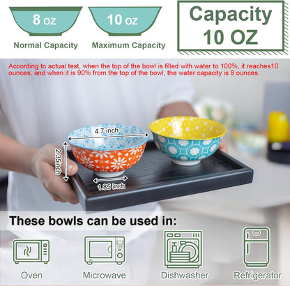 Colorful Ceramic Bowls 10oz, 4.7in small cereal bowl Set of 6 for ice cream, Dessert, Porcelain