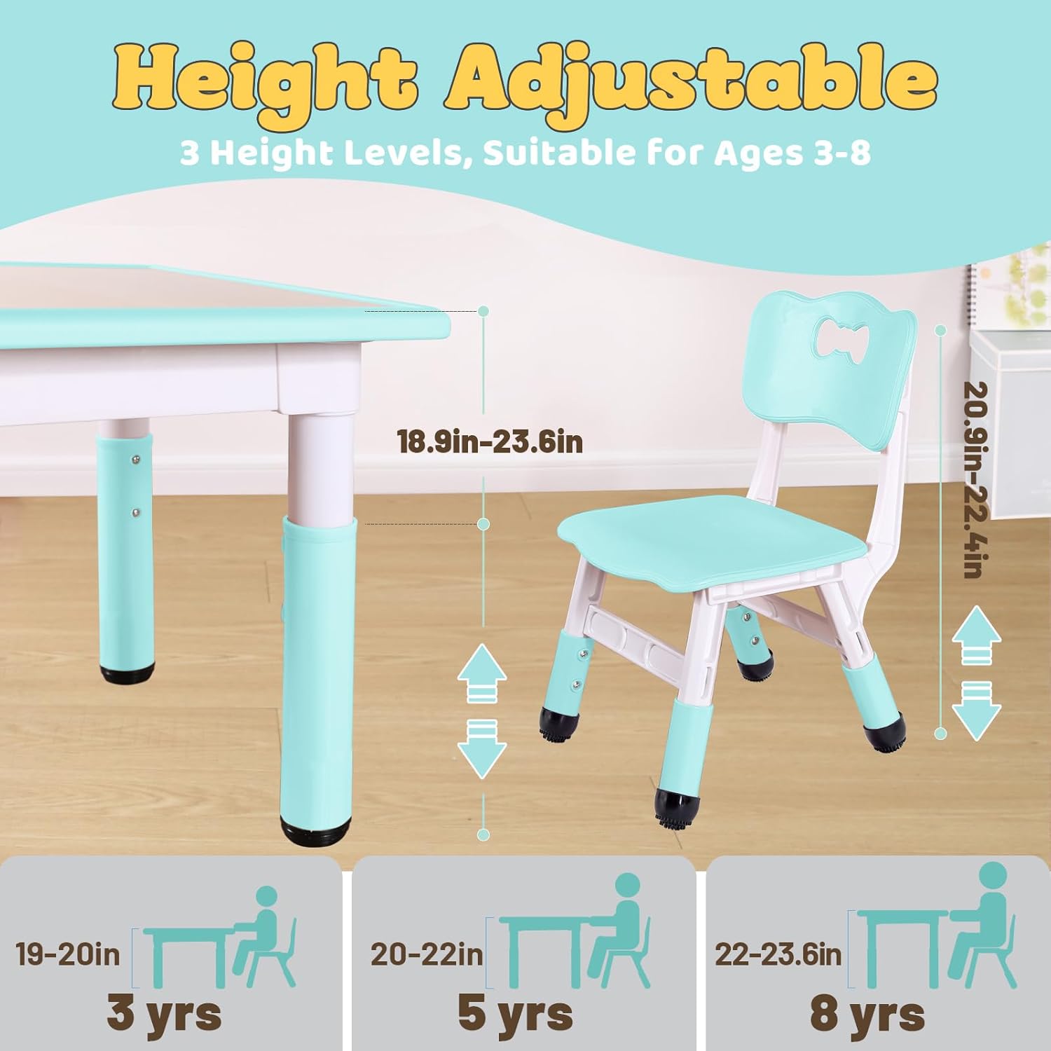 FUNLIO Kids Table and 4 Chairs Set, Height Adjustable Toddler Table and Chair Set for Ages 3-8