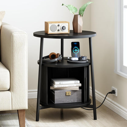Round Side Table with Storage, Fluted Nightstand with Charging Station, Small Mid-Century Modern