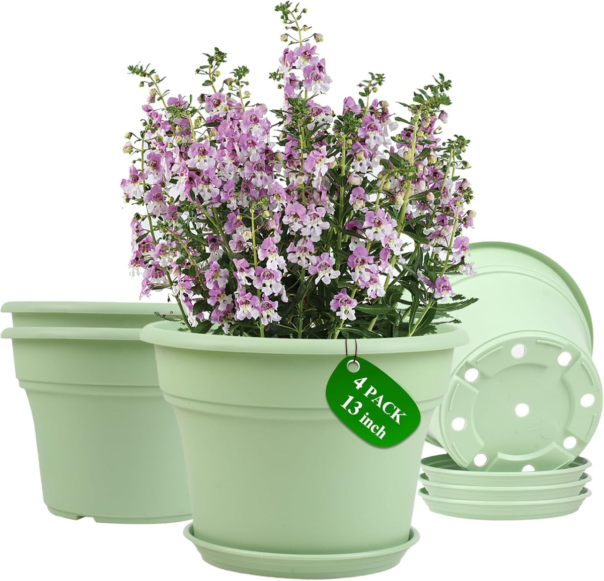 13 Inch Plastic-Flower-Pot-for-Indoor-Plants, 4 Pack Large Outdoor Planter Pot with Drainage Holes