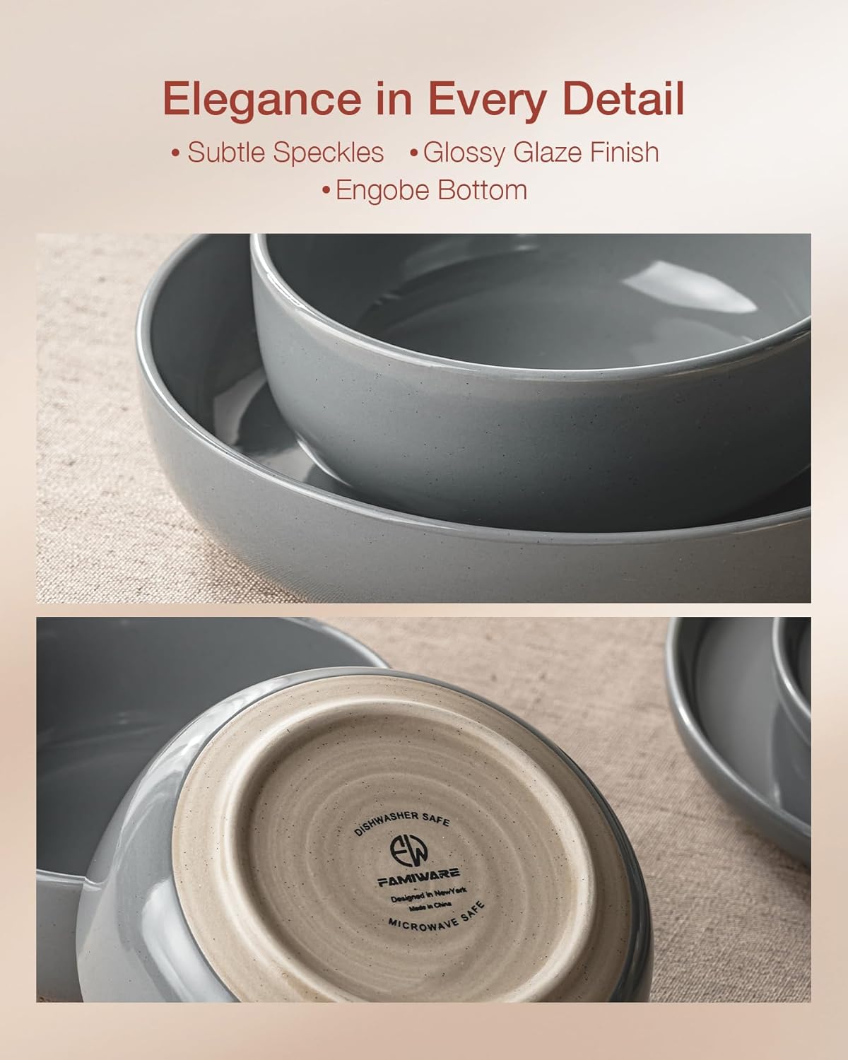 Famiware Milkyway Stoneware Dinnerware Sets with Pasta Bowls, Service for 4 (16 Pieces), Plates and