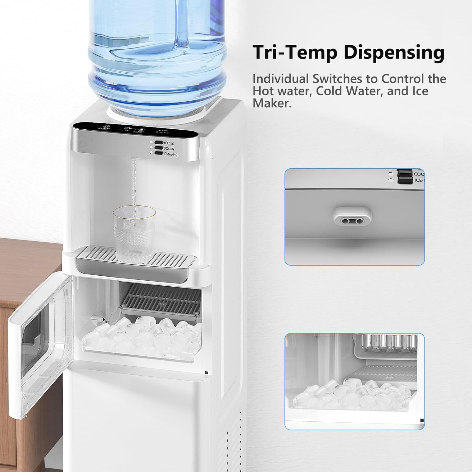 Water Dispenser with Ice Maker Function, Top Loading Hot and Cold Water Cooler for 5 Gallon Bottle
