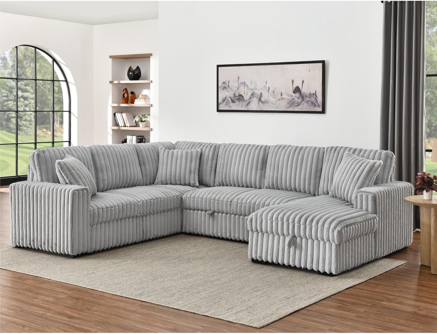 THSUPER 122-Inch Oversized U Shaped Plush Corduroy Fluffy Sectional Sleeper Sofa with Pull Out Bed