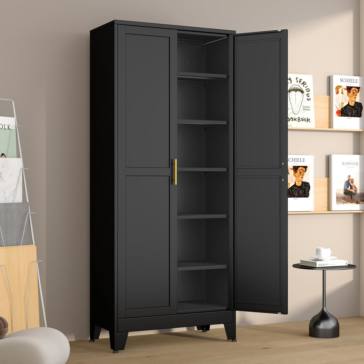Metal Pantry Cabinet with 2 Doors and 5 Adjustable Shelves, 75" Kitchen Storage cabinets with Gold