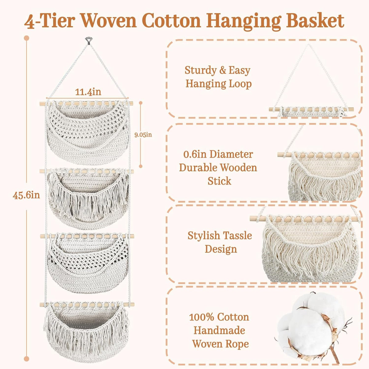 4 Tier Hanging Fruit Basket for Kitchen, 4 Pack Detachable Cotton Crocheted Wall Hanging Baskets