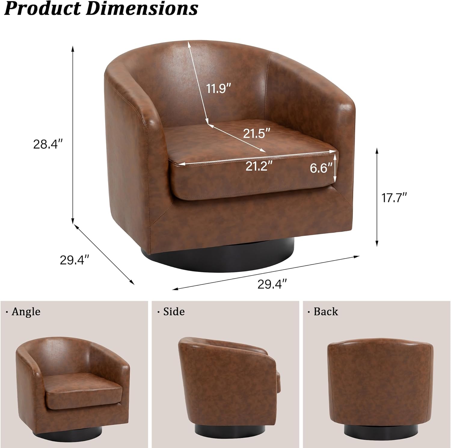 Swivel Barrel Accent Chair, Modern Round Faux Leather Arm Chair for Living Room, Bedroom, Comfy