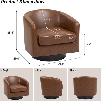 Swivel Barrel Accent Chair, Modern Round Faux Leather Arm Chair for Living Room, Bedroom, Comfy