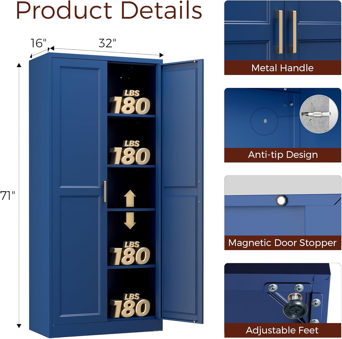71" Metal Pantry Cabinet, Tall Kitchen Pantry Storage Cabinet with 4 Adjustable Shelves and Gold