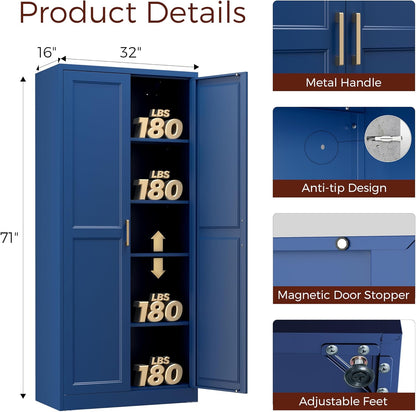 71" Metal Pantry Cabinet, Tall Kitchen Pantry Storage Cabinet with 4 Adjustable Shelves and Gold