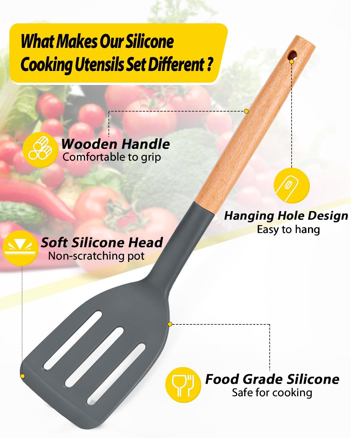 Pack of 4 Silicone Cooking Utensils Set, Non Stick Solid Spatulas and Heat Resistant Slotted Spoons